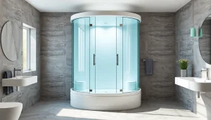 Admire a cabine de douche complete elegantly designed with glass walls and modern finishes.