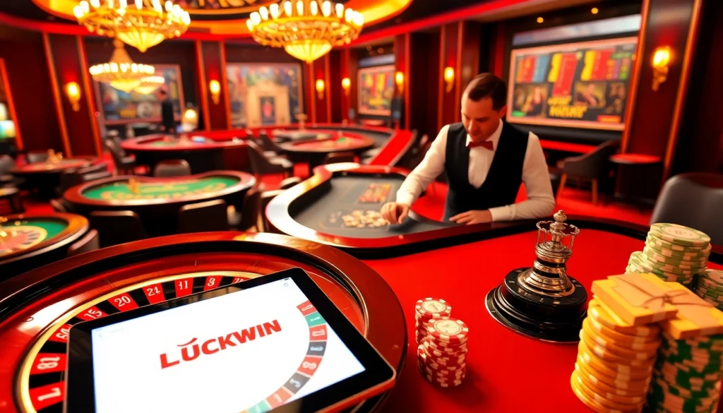 Players revel in excitement at LUCKYWIN casino tables, showcasing roulette and poker.