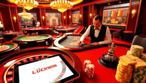 Players revel in excitement at LUCKYWIN casino tables, showcasing roulette and poker.