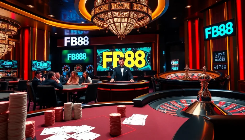 Excited players engaging at FB88 casino's luxurious poker table with vibrant chips and cards.