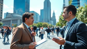 Capture the vibrant atmosphere of https://www.thedailynewsonline.com news reporting with a reporter interviewing a local figure.