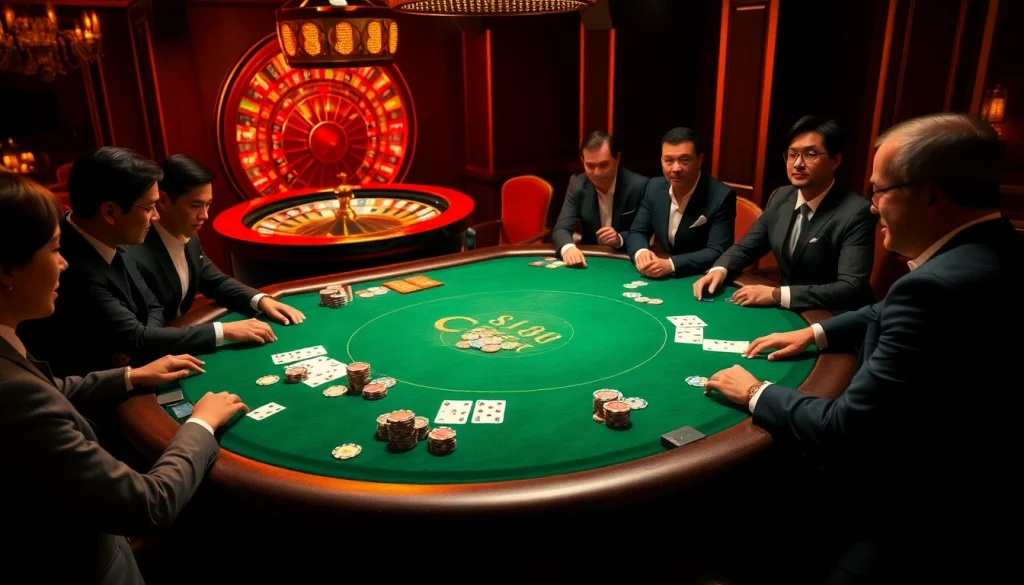 Experience high-stakes action at the poker table featuring 88ii chips, luxurious ambiance, and engrossed players.