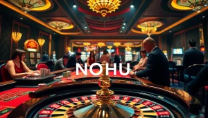 Experience the excitement of NOHU with vibrant casino elements like roulette wheels and poker tables.