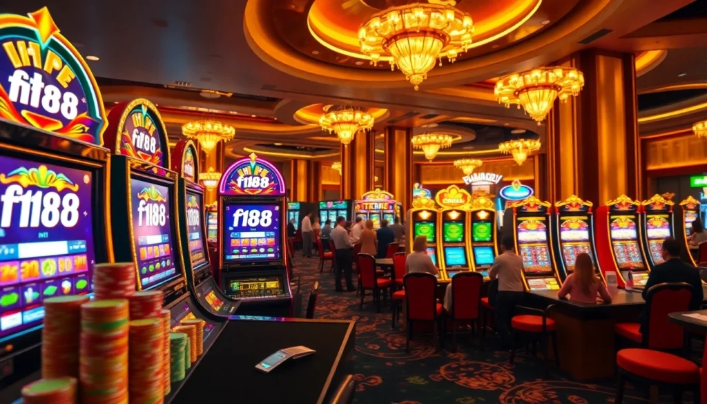 Experience the thrill of f168 nổ hũ with vibrant slot machines in a lively casino.