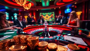 Experience thrilling gameplay with CM88 at an elegant casino featuring roulette tables and poker chips.