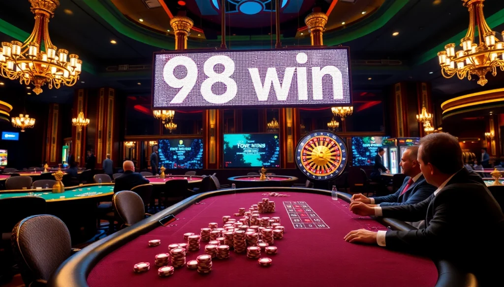 A thrilling casino scene featuring players at a poker table aiming for a 98 win with vibrant chips and a spinning roulette wheel.