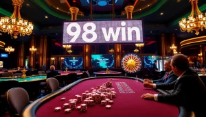 A thrilling casino scene featuring players at a poker table aiming for a 98 win with vibrant chips and a spinning roulette wheel.