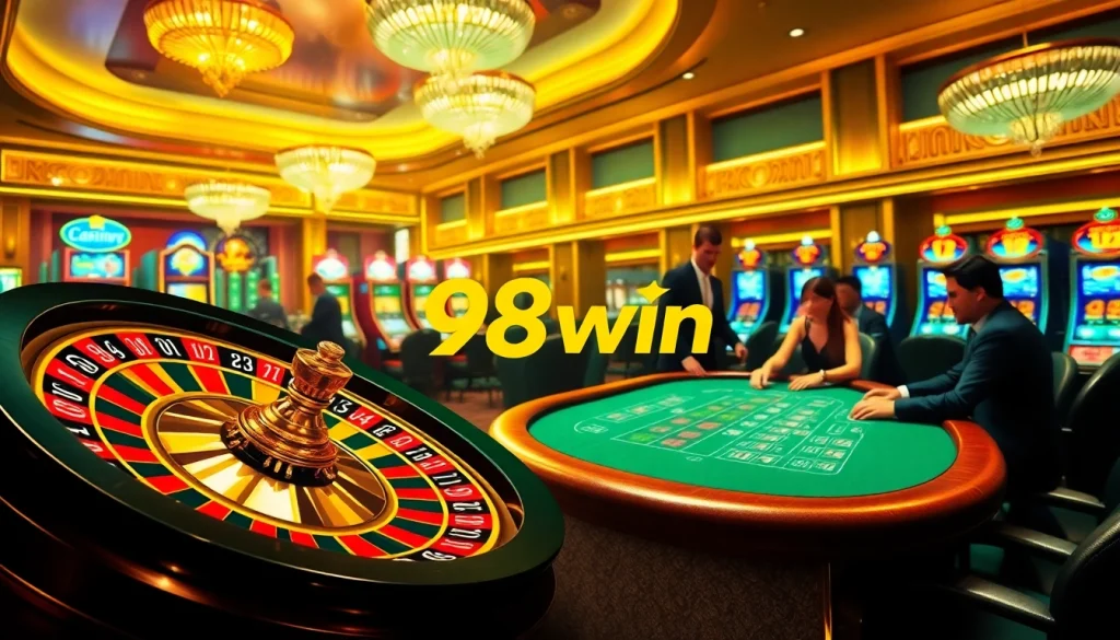 The excitement of winning at a luxury casino with 98win highlighted in vibrant poker chips and roulette.