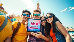 絶景を背景にデジタルスクリーン上でHIS クーポンのディールを見つけて興奮する旅行者たち