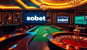 Sbobet showcases a thrilling casino scene with poker chips and betting odds, embodying online gambling excitement.
