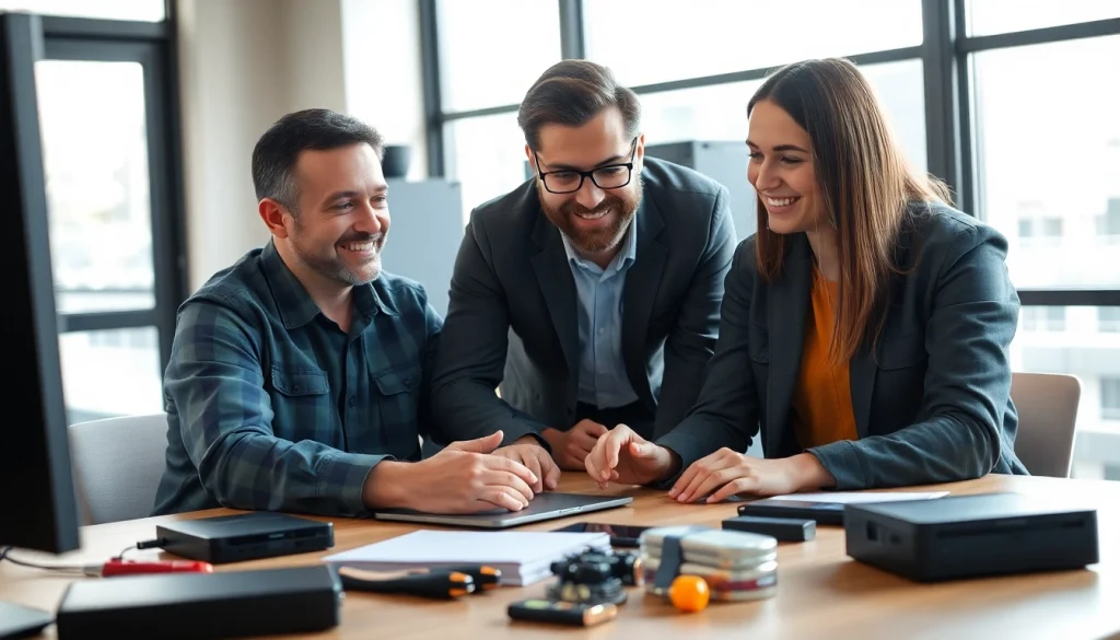 Providing effective Computer help in a bright office environment with a technician and client.