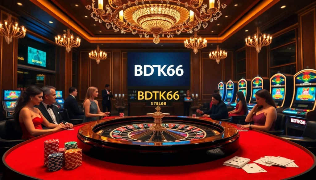Experience the thrill of BDTK66 as gamblers enjoy the excitement at a luxurious casino table.
