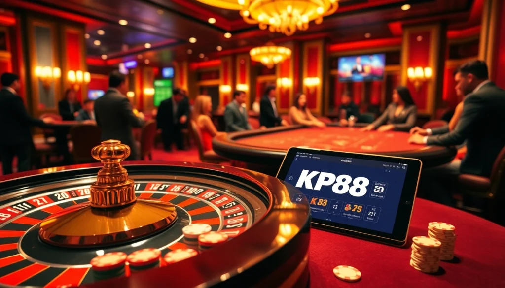 Gamblers enjoying a thrilling game experience at KP88's luxurious casino atmosphere.