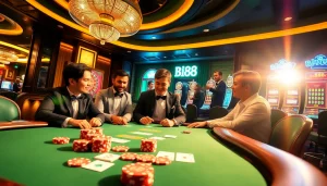 Players enjoying an exciting poker game at Big88 casino with vibrant chips and cards.