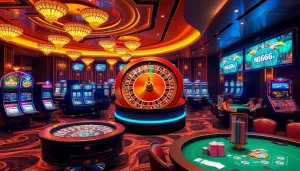 An exciting casino scene showcasing immersive gaming elements at mb66-th.com with roulette wheels and vibrant poker tables.