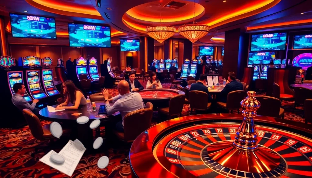 Players at 888NEW engage in high-stakes gambling, showcasing poker chips and vibrant slot machines.