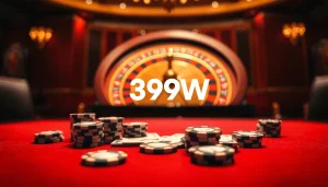 Action-packed poker game at 399W, showcasing chips and cards in a luxurious setting.