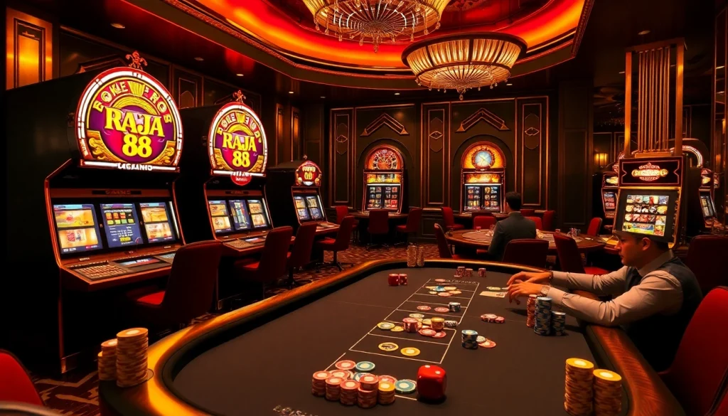 Experience the thrill of Raja 88 with vibrant casino tables and slot machines in action.