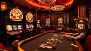 Experience the thrill of Raja 88 with vibrant casino tables and slot machines in action.