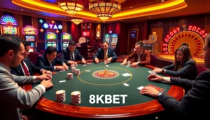 Experience the luxury of 8KBET with a vibrant casino scene featuring poker, slots, and roulette.