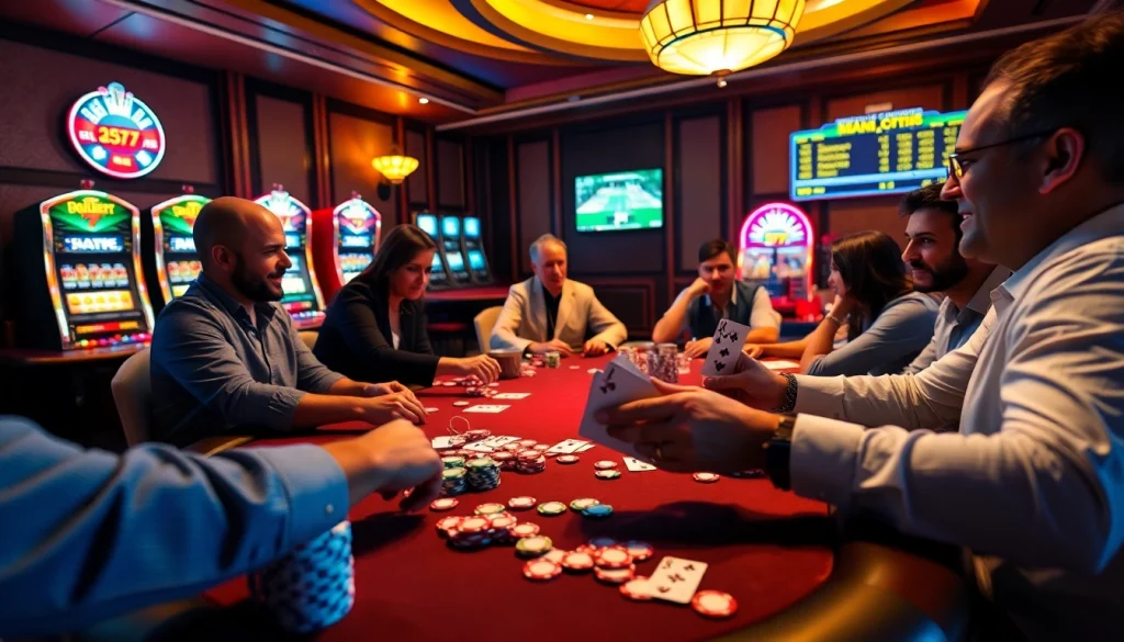 Gambling excitement at a high-stakes poker table showcasing gori77 with vibrant chips and cards.