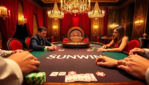 Players strategize at a luxurious Sunwin poker table, enhancing gaming excitement.