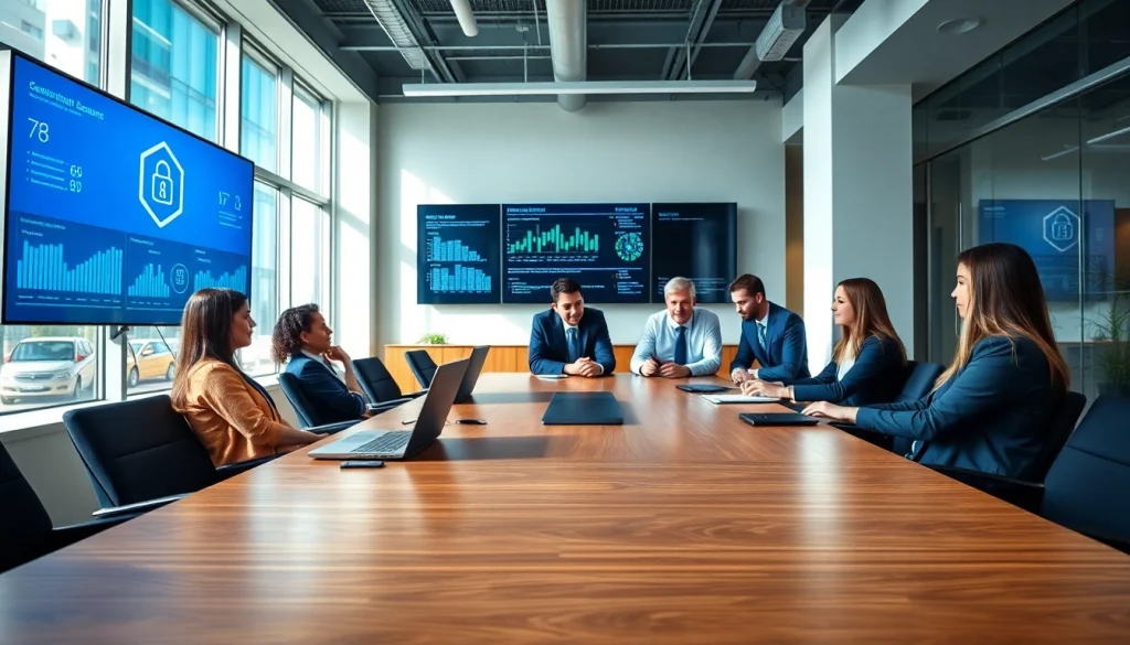 Showcase of IT services for law firms in a vibrant office with professionals collaborating on cybersecurity.