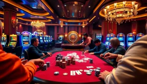 Players engaging in a thrilling poker game featuring BDTK1 at a vibrant casino table.