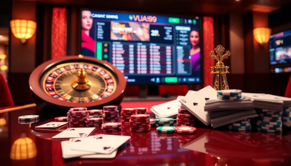Vua99 engaging gamblers with an exciting roulette scene filled with poker chips and cards.
