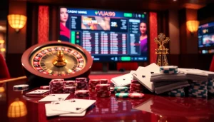 Vua99 engaging gamblers with an exciting roulette scene filled with poker chips and cards.