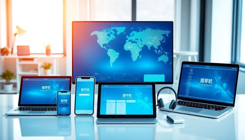 快连下载 app interface displayed on various devices in a modern workspace, showcasing global connectivity.