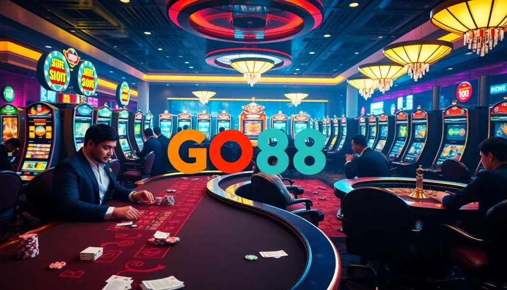 Experience the thrill of online gambling at GO88, featuring vibrant tables and elegant players in action.