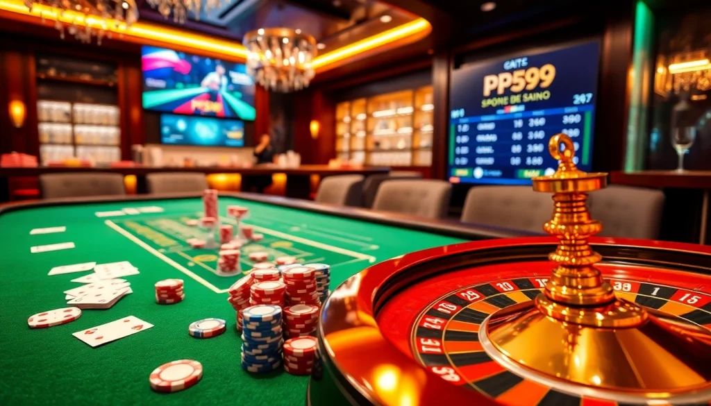Experience thrilling gameplay at PS99 with an upscale casino scene showcasing poker, roulette, and esports betting.