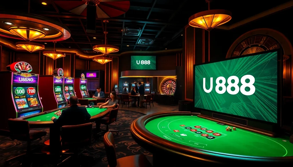 Experience the excitement of U888's casino atmosphere with vibrant slot machines and poker tables.