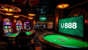 Experience the excitement of U888's casino atmosphere with vibrant slot machines and poker tables.
