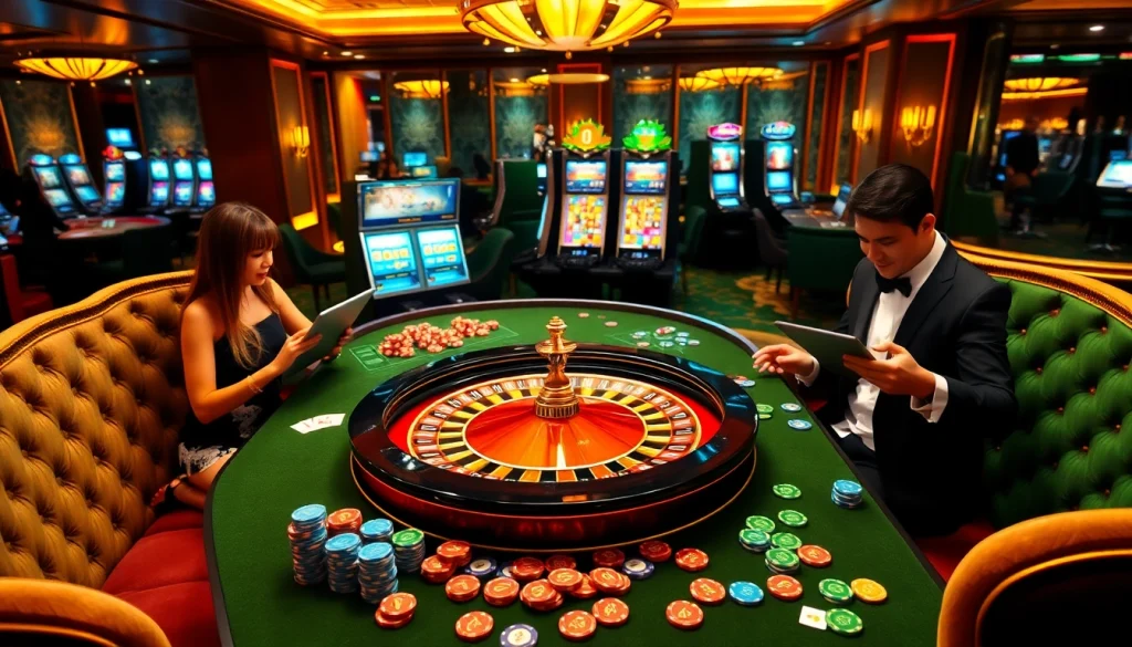 A luxurious casino scene capturing the excitement and professionalism of hi88c.com gaming with vibrant chips and online interfaces.