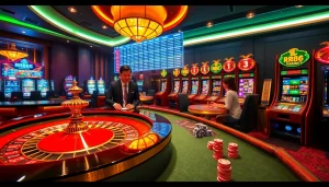Excited gamblers enjoying a luxurious RR88 casino experience with poker tables and slot machines.