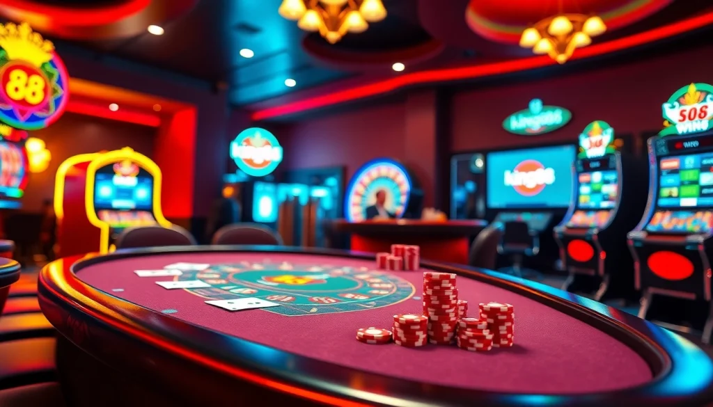 Experience the excitement of king88 with vibrant slot machines and a polished blackjack table.