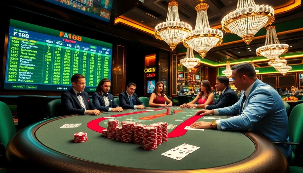 Experienced players engage in a high-stakes poker game at F168, enjoying dramatic casino elements.