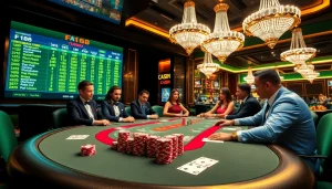Experienced players engage in a high-stakes poker game at F168, enjoying dramatic casino elements.