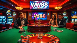 WW88 players enjoying a thrilling casino game at a luxurious roulette table.