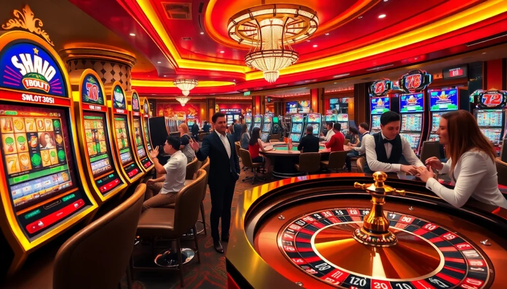 Players enjoying thrilling slot365 games with vibrant casino displays, capturing excitement and luxury.