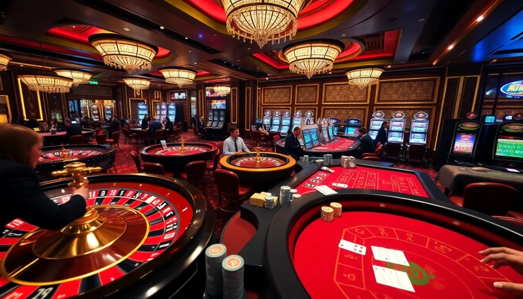 Players enjoying games at 33BD's luxurious casino, featuring roulette and poker tables.