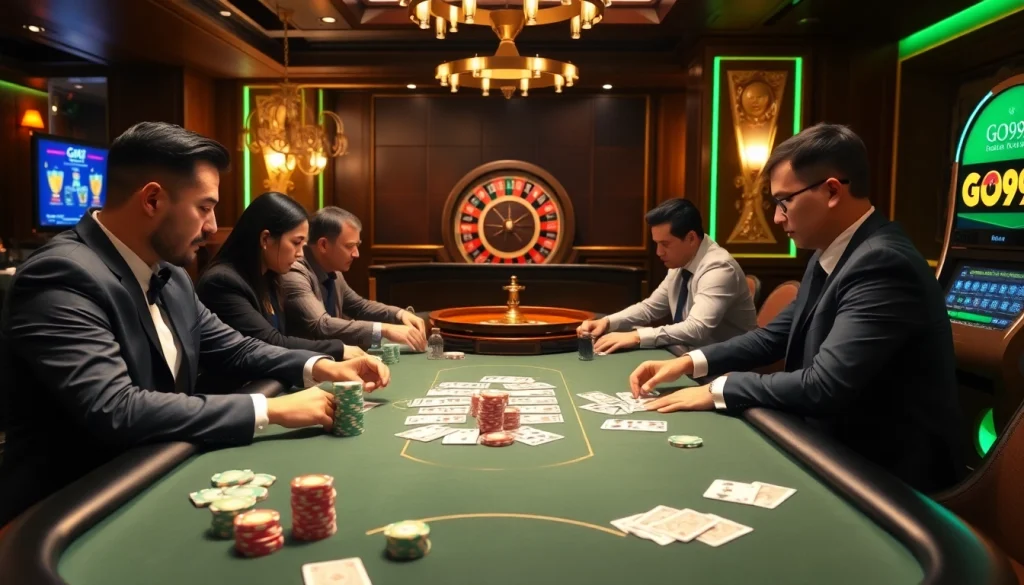 Experience thrilling gameplay at GO99 casino with vibrant poker chips and an exciting roulette wheel.