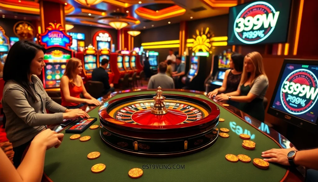 Engaged players place bets at a luxurious 399W roulette table in a vibrant casino atmosphere.