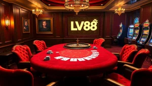 Excited players enjoying a luxurious LV88 casino gaming scene with poker chips and cards.