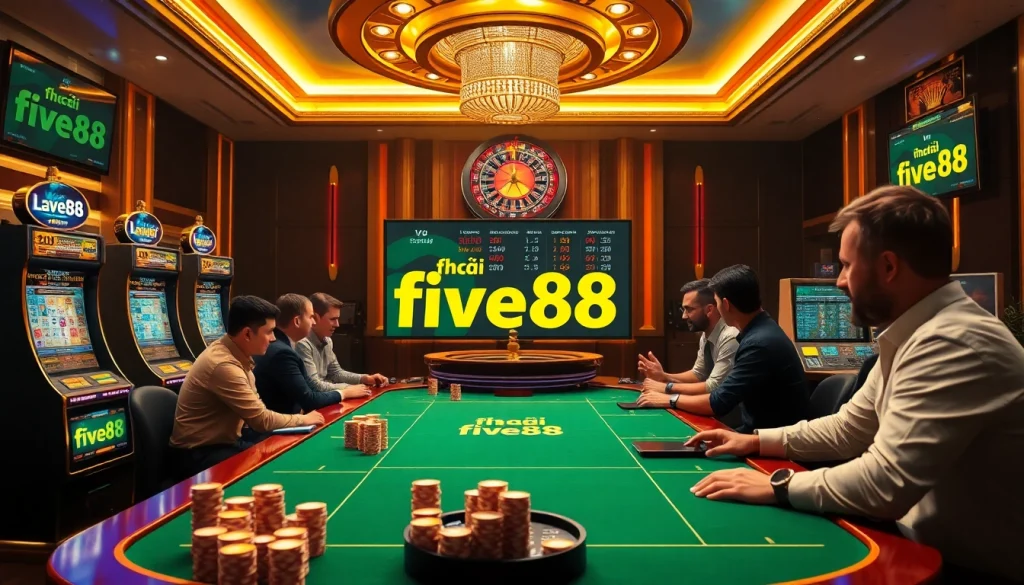 Exciting action at nhà cái five88, showcasing vibrant casino environment with live betting and poker.