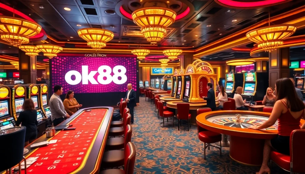 Experience the excitement of gambling at ok88 with vibrant casino tables and slot machines.