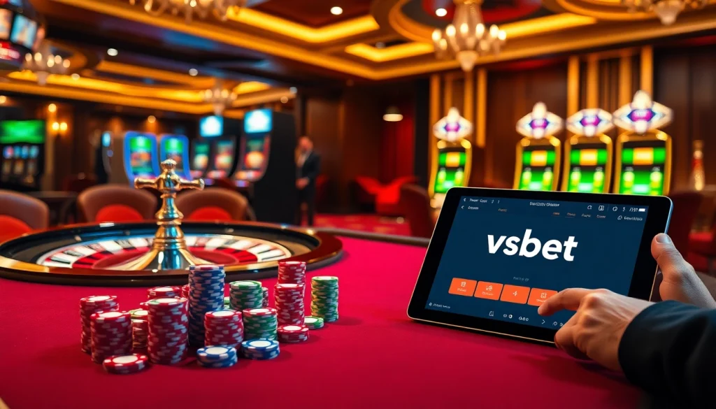Experience the excitement of gambling at vsbet with colorful chips and a roulette wheel.