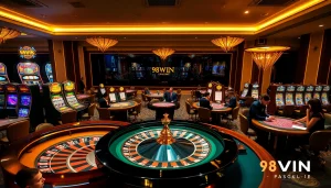 Excited players place bets at the glamorous 98WIN casino tables featuring roulette and poker.